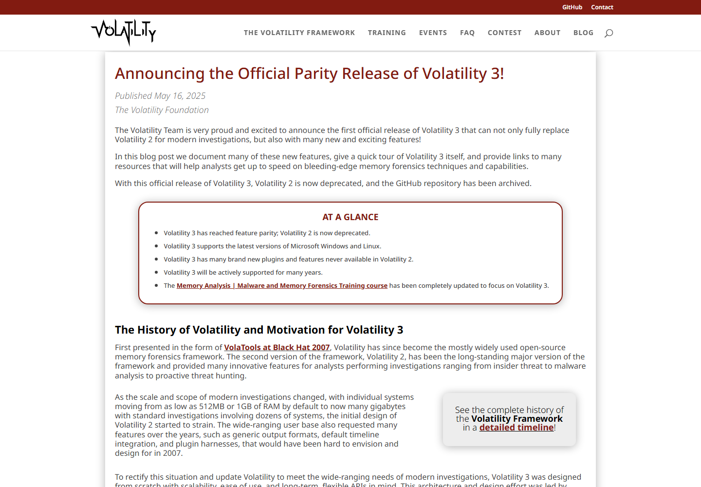 The Volatility Foundation's official Volatility 3 parity-release announcement